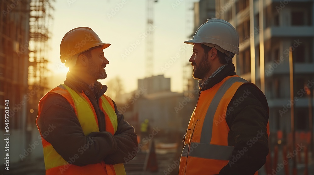 Poster civil engineer and worker discussing issues at the construction site in the morning : generative ai