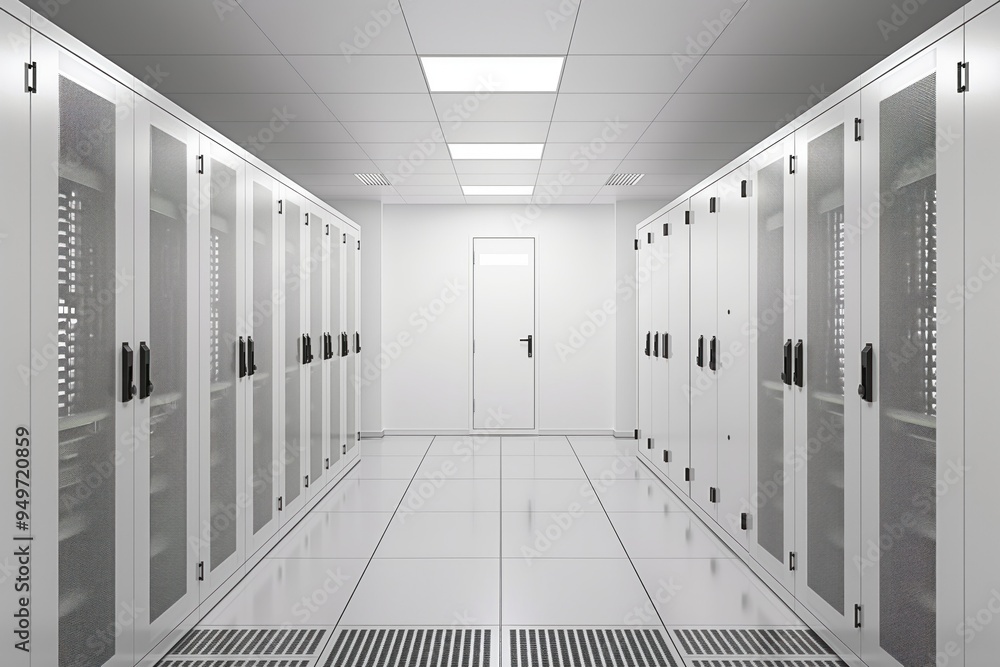 Poster empty computer room features stark white walls black floor and ceiling multiple doors on both sides.