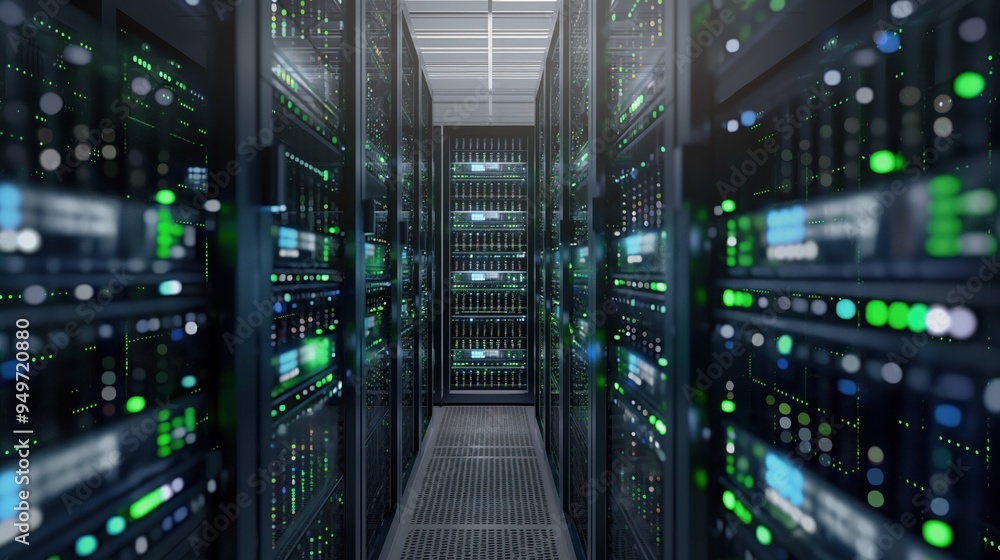 Poster server room interior with rows of computer hardware equipment, data storage systems. mainframe compu