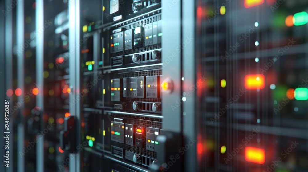 Aufkleber close-up of server equipment in data center with flickering light indicators. photorealistic 3d rend