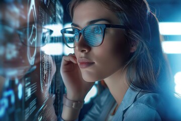 Young woman with glasses working on futuristic computer display. Holographic interface enables her to interact with digital information. Smart technology enhances work experience.