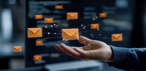 Close-up of a hand touching an envelope icon floating in the air