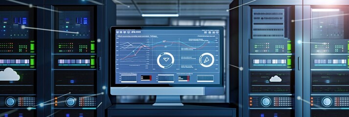 Obraz premium Server room with racks holding networking devices and a kvm monitor displaying charts on screen. Cloud services icon with connection lines represent data center digital infrastructure.