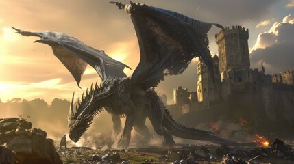 Fototapeta premium Dragon castle attack. A fearsome dragon attacks a medieval castle, representing the power of nature and the fragility of human structures.