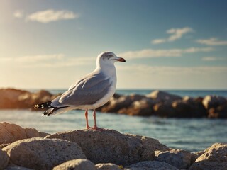 Fototapeta premium Seagull perched on rocky beach under sunny sky.