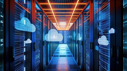 Corridor in large cloud data center filled with rows of rack servers, supercomputers. Cloud icons overlay.