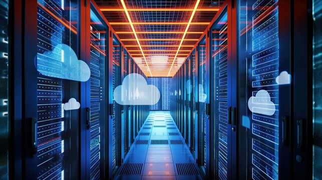 Corridor in large cloud data center filled with rows of rack servers, supercomputers. Cloud icons overlay.