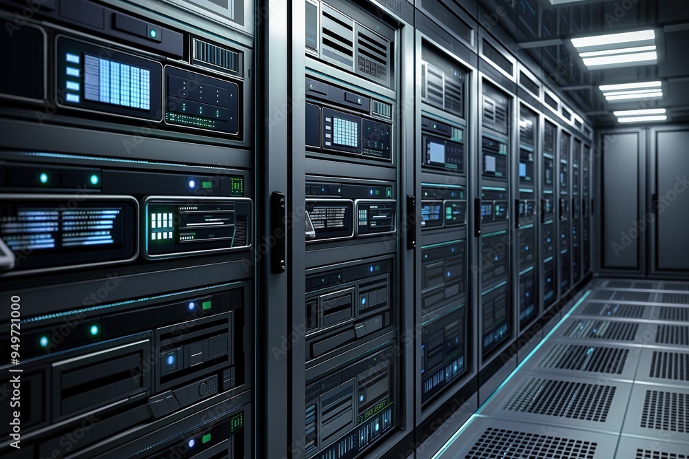 Poster server room data center racks with computer hardware equipment in three-dimensional design. illumina