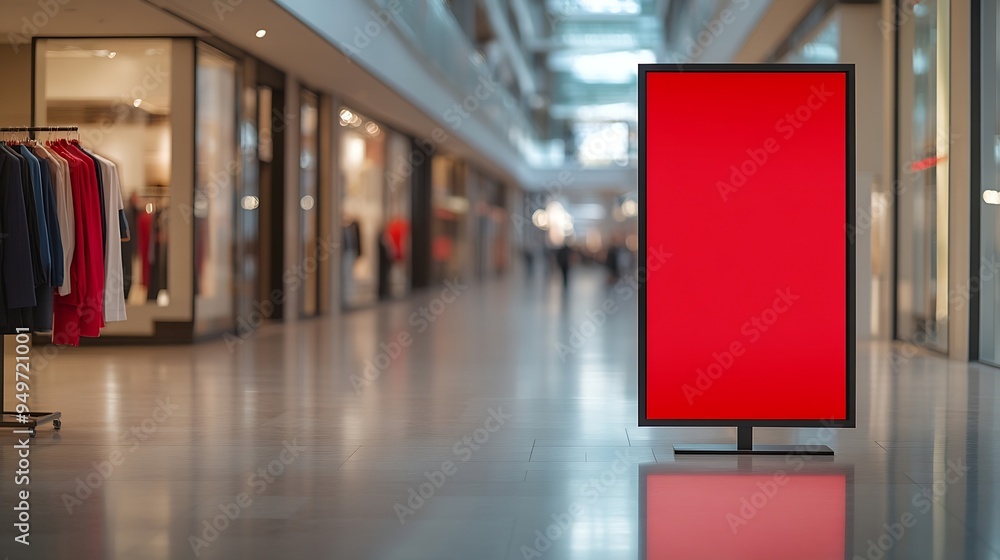 Poster red blank sign inside shopping mall mock up advertise display frame setting over the clothes line in