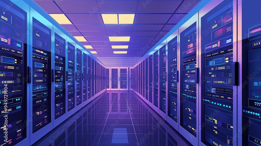 Poster server racks in data center room with high networking equipment. tower rows for power supply and pro