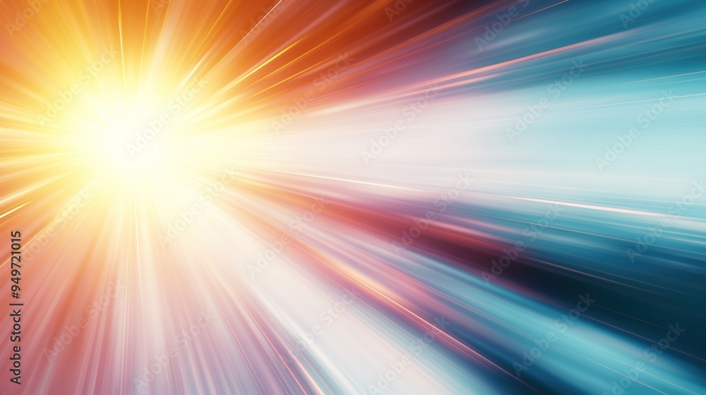 Poster glowing sun light flare illuminates abstract fast moving stripe lines. high speed motion blur create