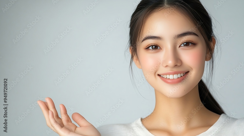 Poster happy asian woman presenting or showing open hand palm with copy space for product on white backgrou