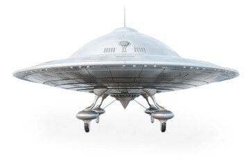Futuristic metallic spaceship with pointed nose and sleek silver color gleams under light. Two wings on either side of body provide aerodynamic appearance, small antenna pointing towards sky.