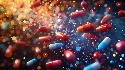 Capsules tumbling down like a waterfall onto a shiny surface, vivid colors, dynamic motion, sharp focus, high contrast, bright lighting, hd quality, natural look. --ar 16:9 --v 6.0 --s 250 --style raw