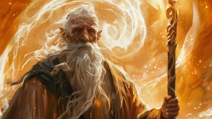 Ancient wizard. Wise elder with long beard and staff, representing knowledge, power, and wisdom.  He embodies the spirit of ancient magic and mythical lore.