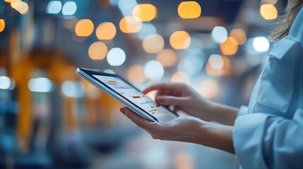 Smart Construction Project management system conceptHands using digital tablet with Construction Management Software on blurred construction site as background : Generative AI