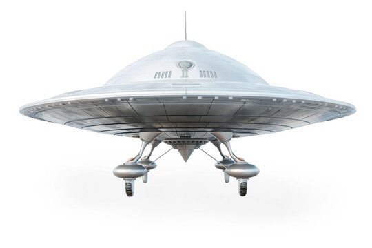 Futuristic metallic spaceship with pointed nose and sleek silver color gleams under light. Two wings on either side of body provide aerodynamic appearance, small antenna pointing towards sky. - Powered by Adobe