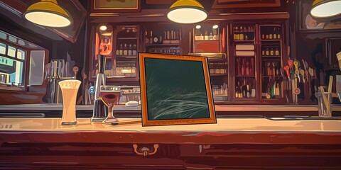 Cozy pub interior scene features wooden counter with blackboard, chalk. Two glasses of beer on counter - one filled with golden liquid, with frothy white head. Shelves behind counter stocked with