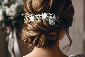 Beautiful bride hairstyle close-up on wedding day. Hairdresser expert touch creates elegant coiffure. Bride hair adorned with flowers, styled in glamorous fashion.