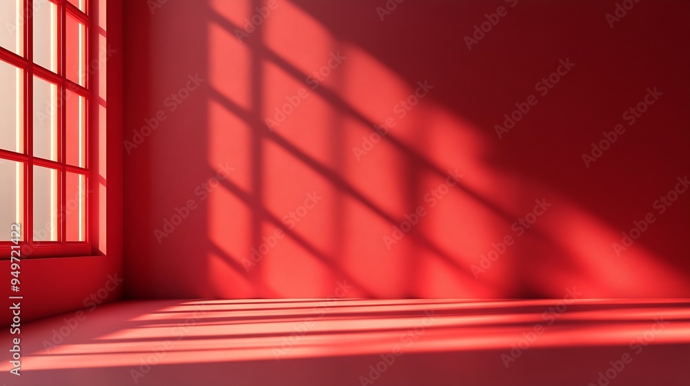 Poster Abstract red studio background for product presentation Backdrop with shadows of window for display product : Generative AI