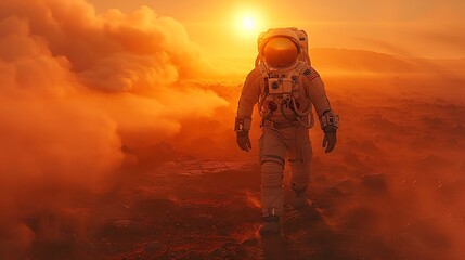 Fototapeta premium An astronaut walking across a windswept Martian plain, with red dust swirling around them, distant mountains barely visible through the haze,