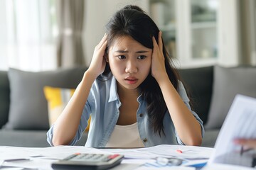 Young Asian woman sits at desk with stressed expression, overwhelmed by financial crisis. She stares at papers and calculator, struggling to calculate expense and pay loan or mortgage.