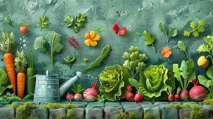 Fototapeta premium A vibrant garden scene with a watering can, fresh vegetables and blooming flowers on a mossy stone wall.