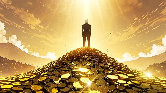 Anime silhouette on top of a stack of coins with smooth looping video 