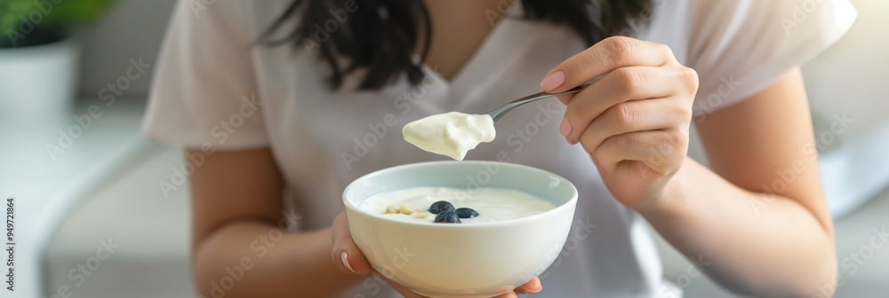 Wall mural young asian woman eats fresh yogurt from a bowl at home. healthy breakfast meal with dairy product f