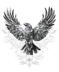 Obraz premium A detailed black-and-white illustration of a majestic eagle with outstretched wings.