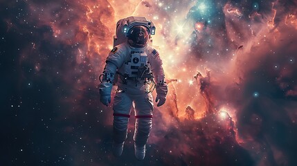 A breathtaking shot of an astronaut floating in space, tethered to a spacecraft, with a vast starry galaxy as the backdrop, the stars and nebulae creating a mesmerizing cosmic scene,