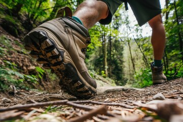 Close-up of a hiker boots in motion on a forest trail. Low angle shot captures the dynamic movement of hiking boots on uneven terrain, surrounded by lush foliage.