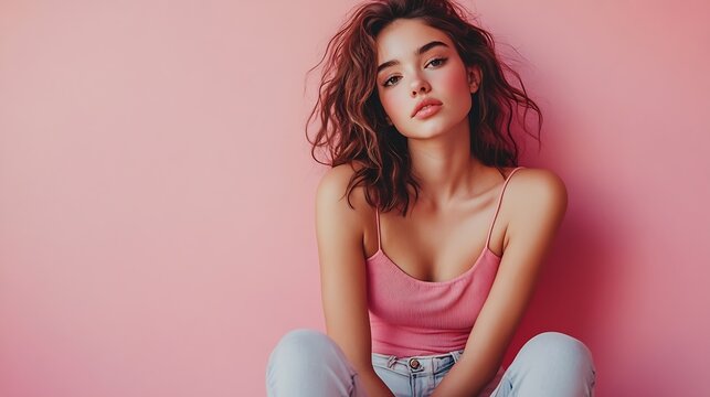 Full body portrait of nice young lady sit floor look empty space wear top isolated on pink color background : Generative AI