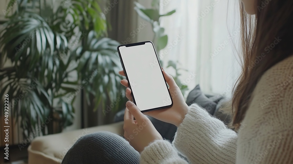 Aufkleber mockup image of a woman holding and using mobile phone with blank desktop white screen at home : gen