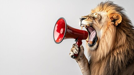 a lion holds a megaphone and yelling, white background. advertisement concept with wide text area