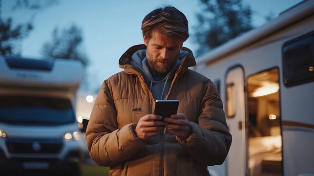 CU Caucasian male using his phone near the RV in the evening Travel planner budget booking application blank screen smartphone mockup : Generative AI