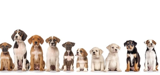 Row of 18 dogs in various breeds from small to large size. Canine friends sit together in line on white background. Different breeds like beagle, boxer, bulldog, chihuahua, cocker, labrador, pug,