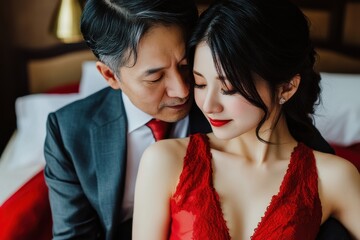 ドレスを着た愛人風の美女とスーツを着たシニア男性（パパ活・P活・不倫・密会・売春）