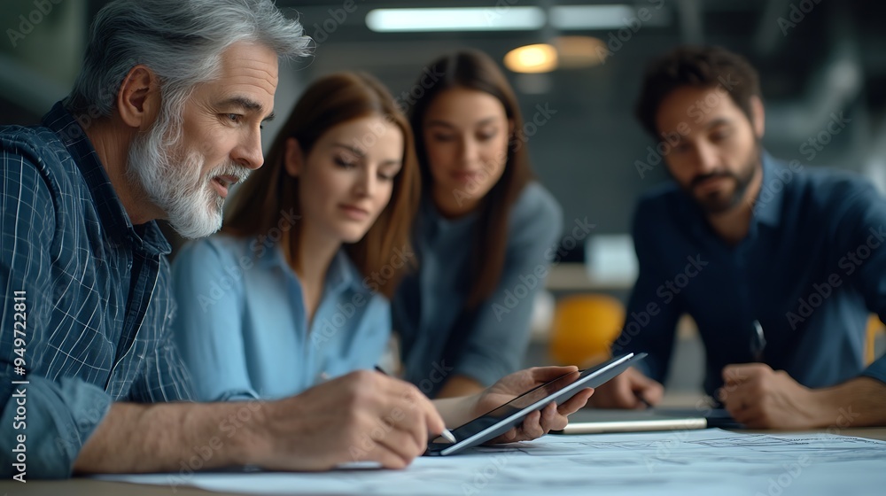 Poster Diverse group of civil engineer and client working together on architectural project reviewing construction plan and building blueprint using tablet at meeting table Prudent : Generative AI