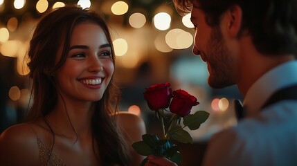 Handsome elegant man is giving roses to his beautiful girlfriend while making a surprise in restaurant both are smiling : Generative AI