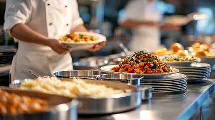 Buffet at hotel restaurant interior blur background with blurry open kitchen counter bar of food catering service business with chef staff cooking for breakfast lunch or dinner meal : Generative AI