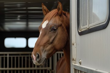 Fototapeta premium Brown horse with white blaze on nose stands in stable. Head turned left, gaze directed towards viewer. Horse positioned in front of white wall with window on right side.