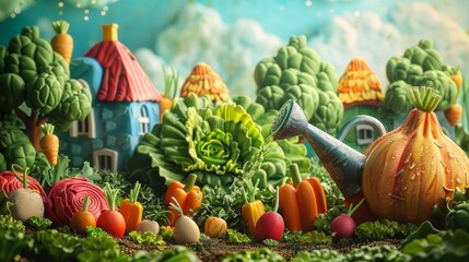 A whimsical garden scene with houses made of vegetables, a watering can, and lush greenery.