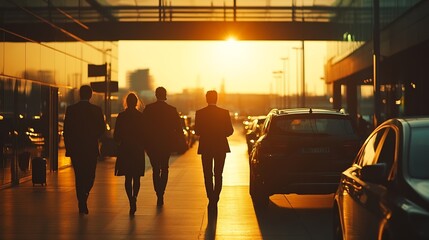 Group of business people talking on the go from modern building of airport or some office to luxury taxi on parking lot on sunset Business partners are going to leave by luxury car : Generative AI