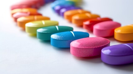 Colorful tablets arranged in a perfect rainbow arc, vivid hues, sharp focus, high contrast, bright lighting, clean white background, neat design, hd quality, natural look. --ar 16:9 --v 6.