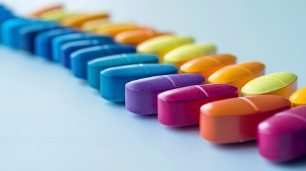 Different colored tablets creating a rainbow arc, vivid hues, sharp focus, high contrast, bright lighting, clean white background, orderly composition, hd quality, natural look. --ar 16:9 --v 6.