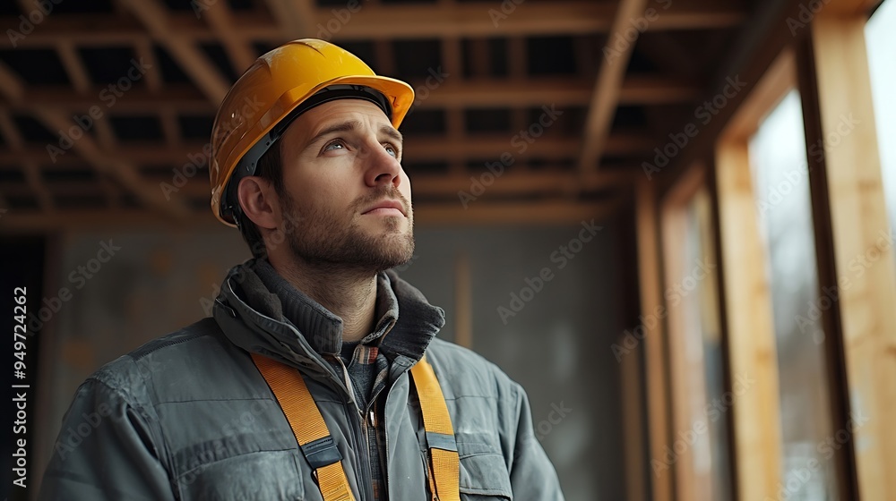 Poster man builder engineer works at construction site builder in gray uniform foreman inside unfinished ho