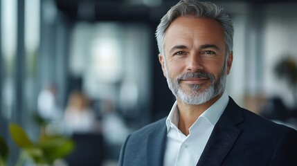 Fototapeta premium Portrait of a confident mature businessman working in a modern office Mature cheerful executive businessman at workspace office Portrait of smiling ceo at modern office workplace in su : Generative AI