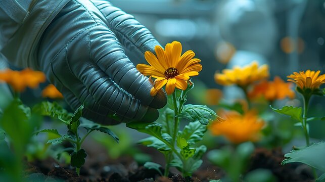 A close-up of an astronaut’s gloved hand gently touching a blooming flower in the space station’s greenhouse, with the soft petals and vibrant colors standing out against the sterile environment,