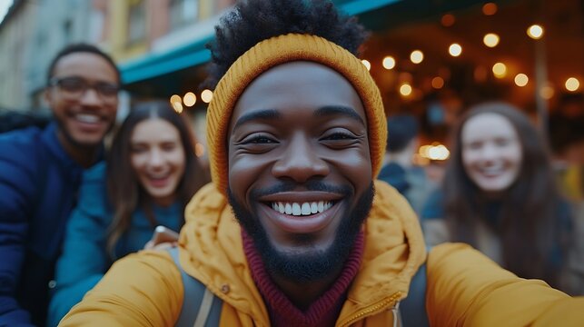 Multiracial people having fun doing selfie with mobile phone at food truck restaurant outdoor  Focus on african man face : Generative AI